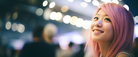 Ritratto di una giovane sorridente ragazza giapponese con capelli tinti di rosa in una città piena di luci di notte - obrazy, fototapety, plakaty