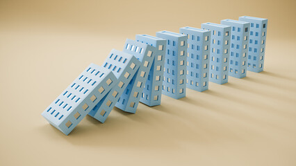 Collapse of the real estate market or of real estate companies concept: dominoes in the form of highrise buildings falling in a chain reaction