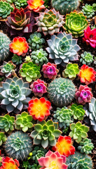 Miniature succulent plants background. Top view succulent cactus, gardening, horticulture theme. Colorful fresh succulents with cacti. Bright colored succulents like bright flowers.