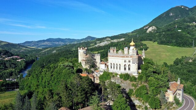 Grizzana Morandi, Bologna, Emilia Romagna, Italy - 06.02.2019: Aerial view of Rocchetta Mattei castle