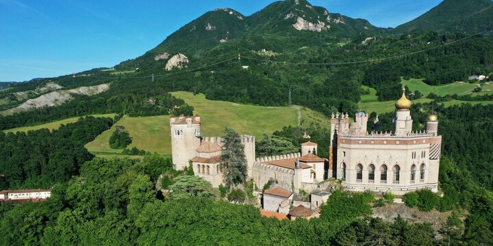 Aerial view of Rocchetta Mattei castle. Grizzana Morandi, Bologna, Emilia Romagna, Italy