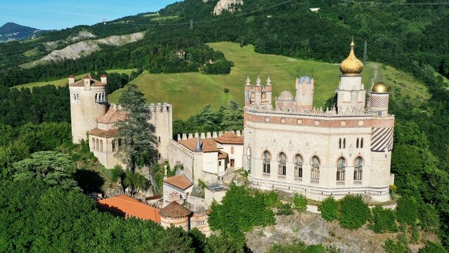 Grizzana Morandi, Bologna, Emilia Romagna, Italy - 06.02.2019: Aerial view of Rocchetta Mattei castle