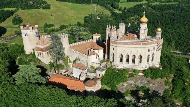 Grizzana Morandi, Bologna, Emilia Romagna, Italy - 06.02.2019: Aerial view of Rocchetta Mattei castle