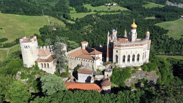 Aerial view of Rocchetta Mattei castle. Grizzana Morandi, Bologna, Emilia Romagna, Italy