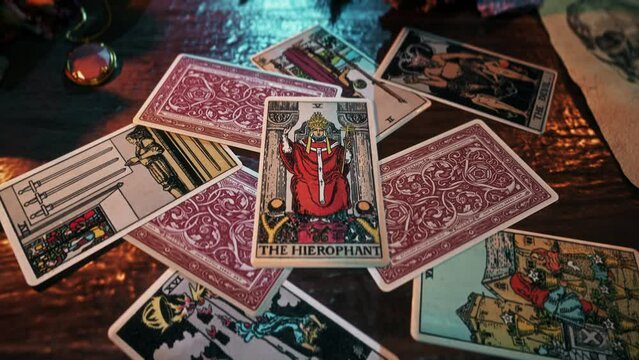 Vienna, Austria - July 21, 1994. Ancient Fortune Prediction With The Hierophant. Card Brings Ancient Spiritual Wisdom. Casting Spiritual Spiritual Ancient Spell. Fortune Prediction Spiritual Ritual