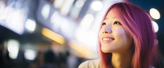 Ritratto di una giovane sorridente ragazza giapponese con capelli tinti di rosa in una città piena di luci di notte
