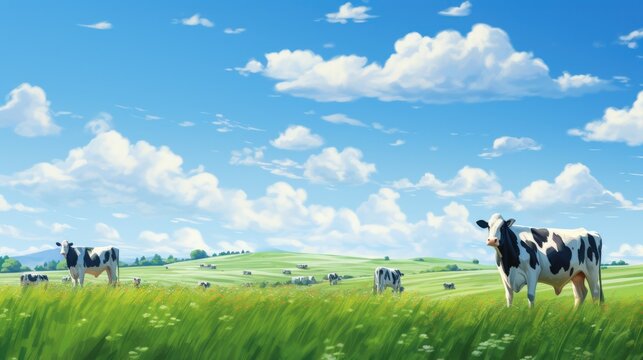 Cows eating in a fresh grassy field on a clear day wit blue sky background. Generate AI image