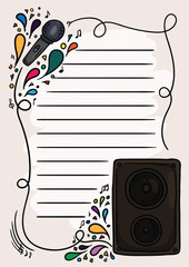 Colorful notebook page with musical elements and notes and bright splashes and drops. Template for notes and diary