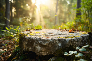 Flat stone podium in the magical forest , empty round stand background. - obrazy, fototapety, plakaty