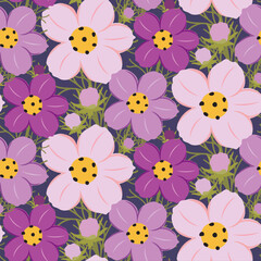 Spring blossom seamless pattern with hand drawn colorful pink flowers