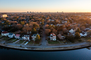 Aerial View of the Colonial Place Neighborhood in Norfolk Virginia Looking Towards Downtown at Sunset