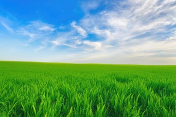 Fototapeta premium A green meadow on a bright sunny morning, green grass and blue sky.