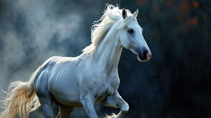 a white horse running in a beautiful landscape.
