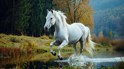 a white horse running in a beautiful landscape.