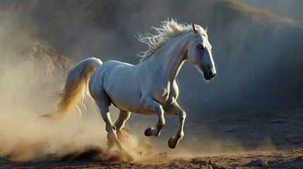 a white horse running in a beautiful landscape.