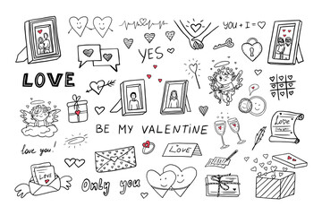 Big set doodle vector elements with hearts, love letters, envelopes with heart icons, frames photos, cupids for valentine's day cards, wedding day, posters, wrapping and design. Love story