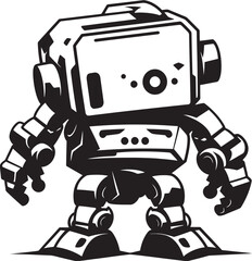 Pocket Protector Black Vector Cute Combat Robot Icon Tiny Titan Combat Robot in Black Vector Design