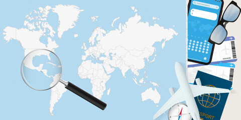 El Salvador is magnified over a World Map, illustration with airplane, passport, boarding pass, compass and eyeglasses. © boldg