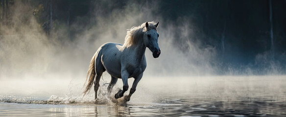 A withe horse running across a lake.