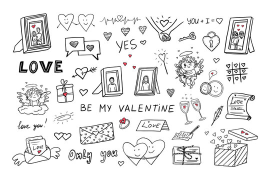 Big set doodle vector elements with hearts, love letters, envelopes with heart icons, frames photos, cupids for valentine's day cards, wedding day, posters, wrapping and design. Love story
