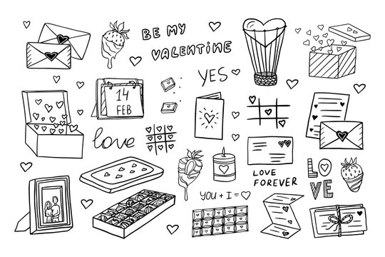 Big set doodle vector elements with hearts, love letters, envelopes with heart icons, frames photos, strawberry, chocolate for valentine's day cards, wedding day, posters, wrapping, design. Hand drawn