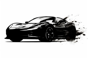 A black silhouette of a fastcar with fast spinning wheets catching fire on a white background.