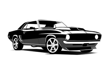 A black silhouette of a muscle car on a white background.