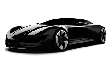 A black silhouette of a futuristic car on a white background.