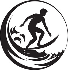 Surfing Enigma Guy on Surfboard Black Logo Tidal Motion Black Guy Surfing Iconic Design