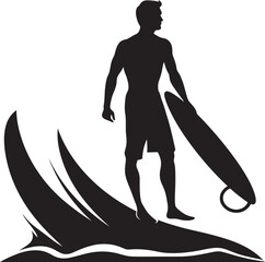 Ocean Flow Guy Surfing with Surfboard Emblem Coastal Thrills Black Vector Surfing Symbol