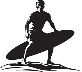 Oceans Momentum Black Vector Surfing Symbol Surfing Enigma Guy on Surfboard Black Logo