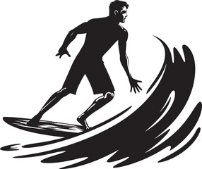 Aqua Rhythm Black Vector with Surfing Guy Coastal Journey Surfer Guy in Black Logo