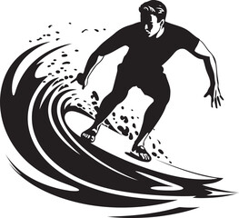 Surfing Essence Guy Riding Waves in Black Aqua Surge Black Logo with Surfer Image