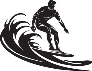 Surfing Adventure Black Iconic Surfboard Design Surfers Momentum Guy Surfing Vector Emblem