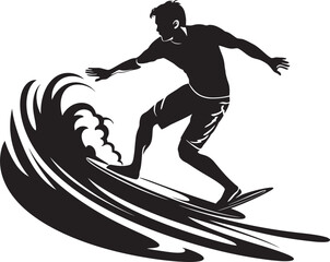 Ocean Flow Guy Surfing with Surfboard Emblem Coastal Thrills Black Vector Surfing Symbol