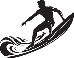 Coastal Thrills Black Vector Surfing Symbol Wave Riders Essence Surfing Guy Logo