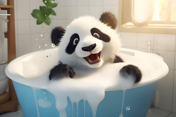 Cartoon panda is bathing in white bathroom	