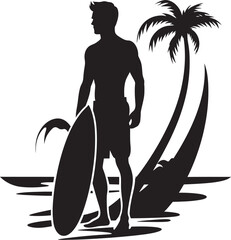 Oceans Momentum Black Vector Surfing Symbol Surfing Enigma Guy on Surfboard Black Logo