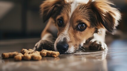 Dog Looking Intently At Owner With Kibble Treat On Floor.  (Generative AI).