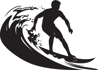 Seaside Glide Black Vector Surfing Symbolism Riding the Waves Guy Surfing Black Icon