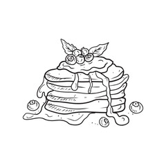 Tasty delicious pancakes with blueberry and mint leaves with vanilla sauce honey in black isolated on white. Hand drawn vector sketch illustration in doodle vintage engraved outline, line art style.