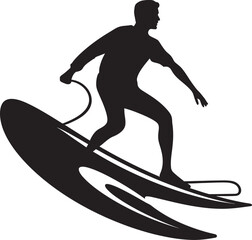 Surfing Elegance Guy with Surfboard Black Logo Seaside Glide Black Vector Surfing Symbolism