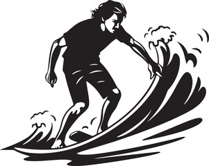 Coastal Adventure Black Surfing Guy Icon Design Wave Riders Emblem Guy Surfing in Black