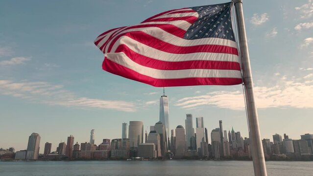Aerial view NYC with American flag. 4th July Flag. Independence Day, fourth July. New York City, Hudson, Manhattan. Veterans Day. United states of America flags. American flag. USA flag.