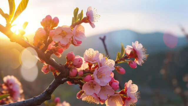 The mountain peach blossoms in full bloom in springtime.