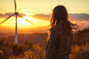 Woman with hand in pocket looking at wind turbine. - obrazy, fototapety, plakaty