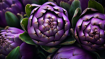 close up horizontal view of a bunch of purple artichokes AI generated