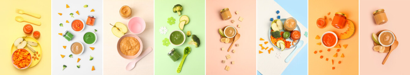 Collage of healthy baby food on color background - obrazy, fototapety, plakaty