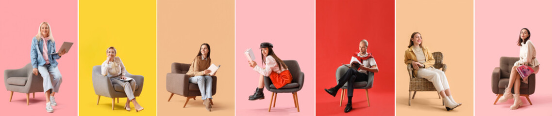 Set of different women and man in comfortable armchairs on color background