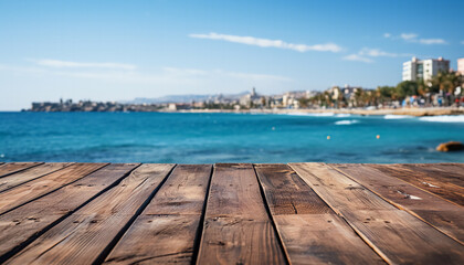 Obraz premium Sunny Seascapes: Wooden Pier Leading to a Coastal Cityscape bathed in Sunshine